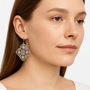 Silver Lace Pendant Pierced Earrings 4 Pendants Shiny Vintage Style 1.5 in drop